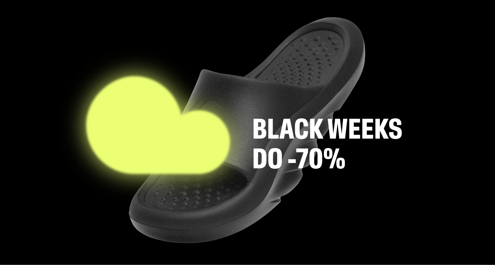 Grafika wizerunkowa promująca czarne klapki Futuro Cloud w ofercie Black Weeks. Obraz na ciemnym tle z neonową chmurką, będącą częścią logo Kuboty i napisem o przecenach do -70%.