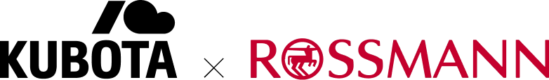 Minimalistyczna grafika łączy czarny logotyp marki Kubota z charakterystycznym, czerwonym znakiem sieci Rossmann.